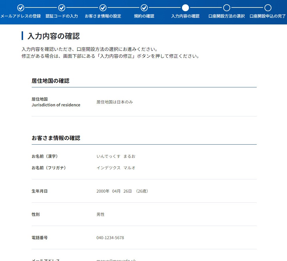 入力内容の確認画面