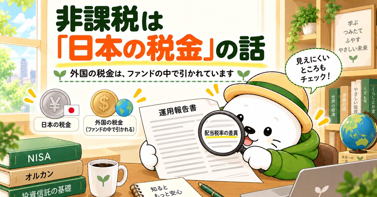 虫めがねで運用報告書の「配当税率の差異」を確かめるふくお